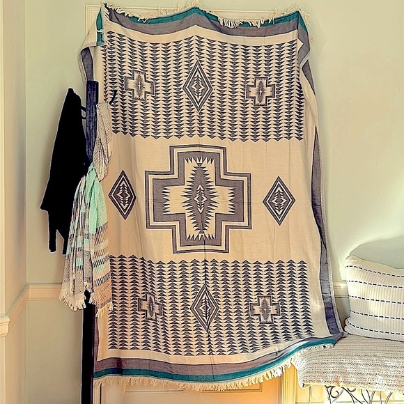 Anthropologie Other - La Jolla SxSW Blanket Anthropologie Organic Cotton Natural Gray Turquoise NEW!